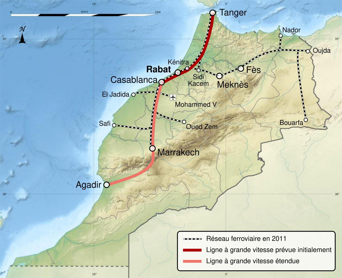 Mapa linii kolejowych Maroka